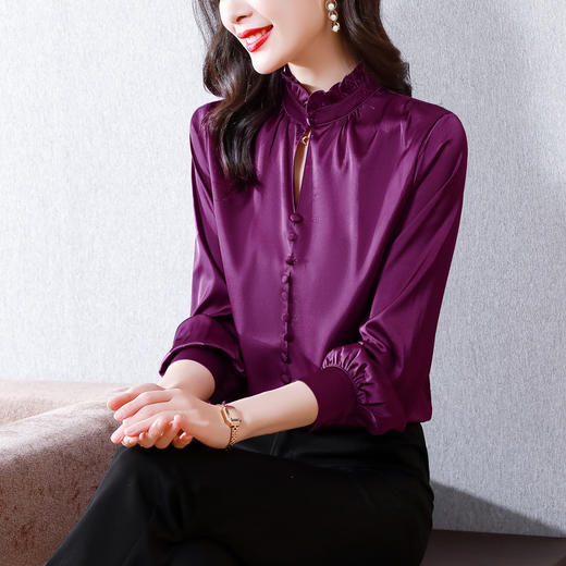 雀说 缎面仿真丝衬衫女春纯色上衣气质高级感仿桑蚕丝衬衣4ZF-021518 商品图0