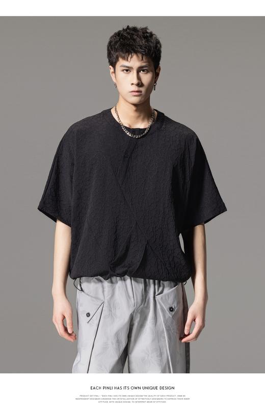 PINLI品立2024夏季新款连肩袖圆领宽松立体提花短袖T恤男士上衣潮B242111004 商品图2