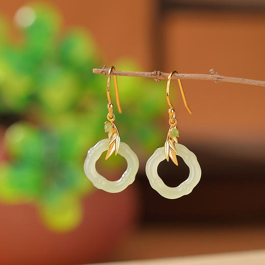 【玉竹明秀】S925银镀金和田玉碧玉竹节竹叶菱形镂空耳坠【CW-EG01907】 商品图1