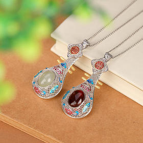 【祥云莲花】S925银镀金和田玉血珀国潮景泰蓝镂空琵琶吊坠【CW-DZ06195】