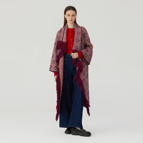 谜底长款针织开衫女2023冬新品复古气质提花斗篷式毛衫234MZ1994