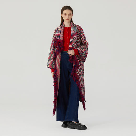 谜底长款针织开衫女2023冬新品复古气质提花斗篷式毛衫234MZ1994 商品图0