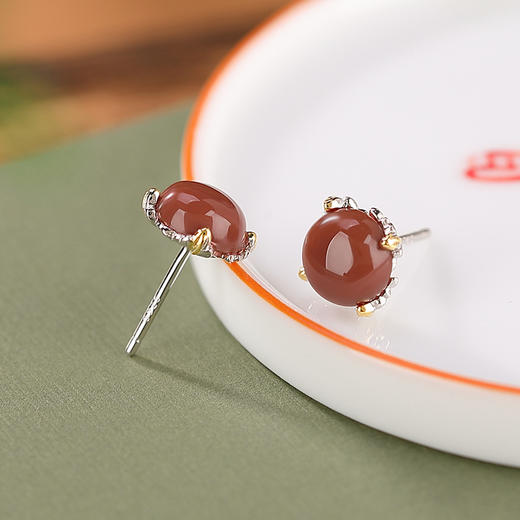 【相思无尽】S925银镀金南红复古圆形耳饰【CW-ED03015】 商品图2