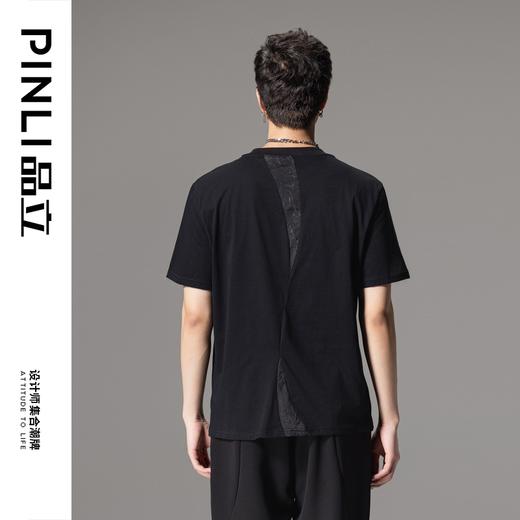 PINLI品立2024夏季新款拼接短袖T恤潮牌百搭休闲黑色圆领男士上衣B242111011 商品图2