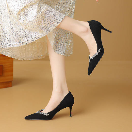 OLD24-038法式尖头细跟浅口磨砂真皮时尚水钻镂气质高跟鞋 商品图2