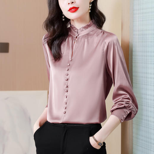 雀说 缎面仿真丝衬衫女春纯色上衣气质高级感仿桑蚕丝衬衣4ZF-021518 商品图8