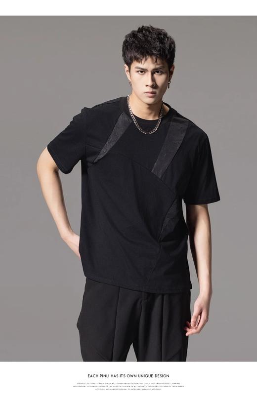 PINLI品立2024夏季新款拼接短袖T恤潮牌百搭休闲黑色圆领男士上衣B242111011 商品图0
