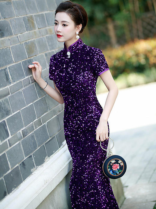 QC125紫色金丝绒亮片旗袍端庄大气走秀长款鱼尾演出服 商品图2