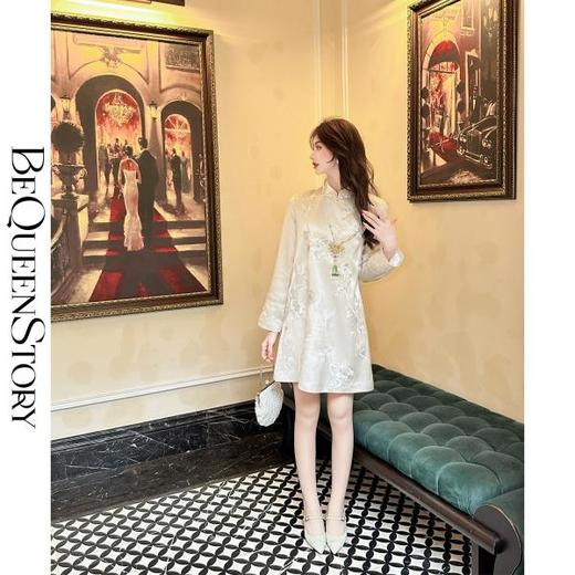 BeQueenStory【一枕清伶】重工刺绣花醋酸滑爽抗皱气质新中式连衣裙 商品图2