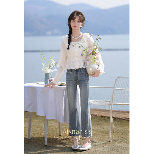 鹿向南《文艺复兴》早春气质复古牛仔裤女2024新款通勤开叉微喇裤 商品图2