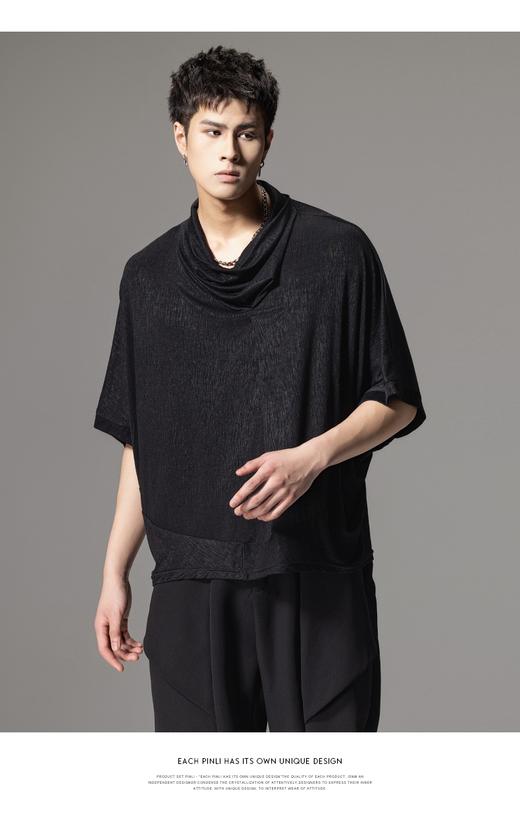 PINLI品立夏季新款堆堆领暗黑T恤潮流时尚宽松休闲短袖男上衣B242111005 商品图6