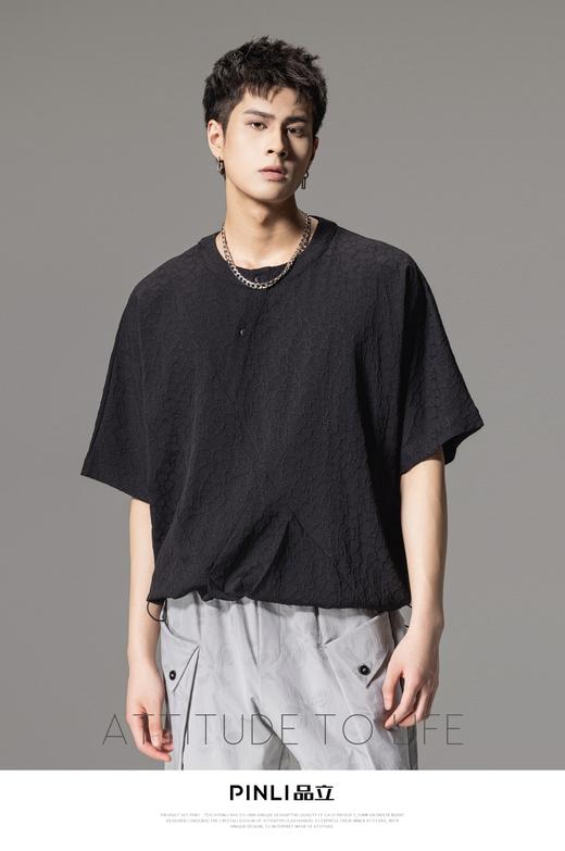 PINLI品立2024夏季新款连肩袖圆领宽松立体提花短袖T恤男士上衣潮B242111004 商品图8