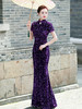 QC125紫色金丝绒亮片旗袍端庄大气走秀长款鱼尾演出服 商品缩略图1