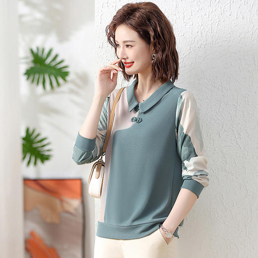 中老年春夏装【撞色翻领针织小衫】中年妈妈气质减龄 外穿长袖T恤上衣 商品图2