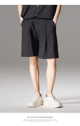 PINLI品立夏季新款男士系皮带条纹休闲短裤五分裤B242117019