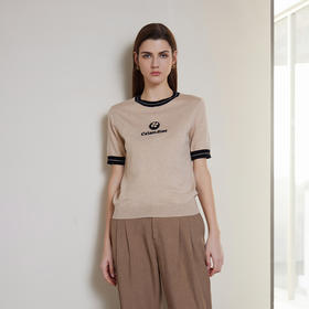 24年春季新品女士短袖针织套衫时尚百搭圆领撞色针织上衣