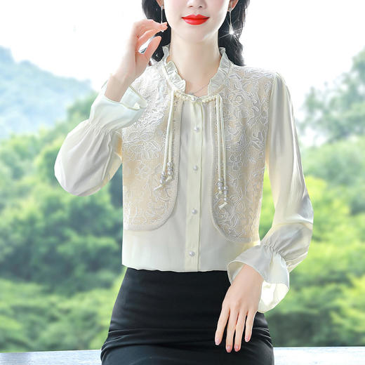 KQL-3686现货新中式中国风盘口桑蚕丝衬衫高级感刺绣上衣时尚女士小衫 商品图2