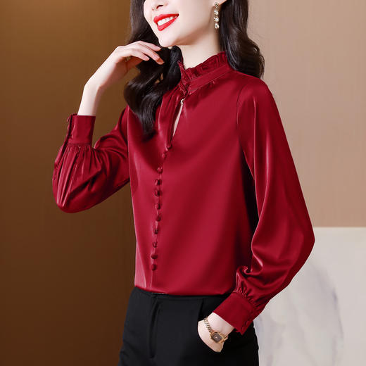 雀说 缎面仿真丝衬衫女春纯色上衣气质高级感仿桑蚕丝衬衣4ZF-021518 商品图3