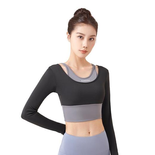拼色假两件瑜伽服秋季速干瑜伽服长袖免穿文胸高弹运动健身服 商品图4