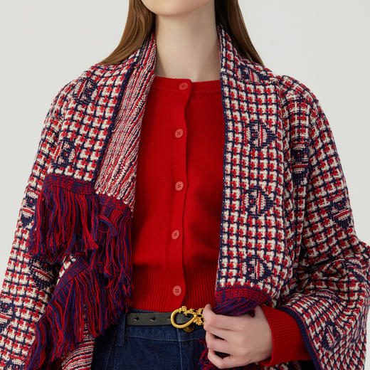 谜底长款针织开衫女2023冬新品复古气质提花斗篷式毛衫234MZ1994 商品图3