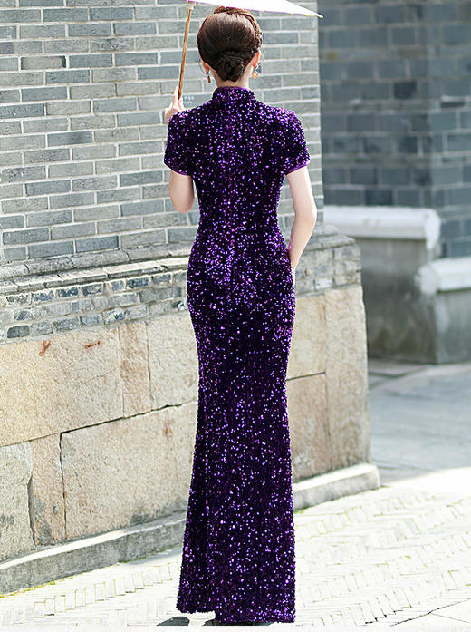 QC125紫色金丝绒亮片旗袍端庄大气走秀长款鱼尾演出服 商品图3