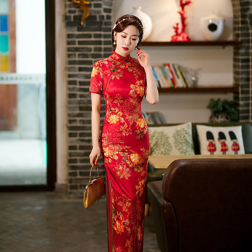 高开衩双层旗袍裙24春夏季新款修身印花国风旗袍CX-0650 商品图2
