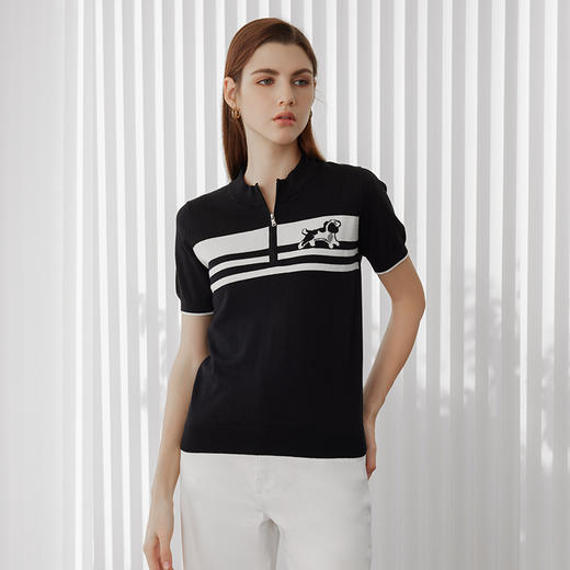 24年春季新品女士短袖针织套衫时尚立领条纹撞色修身上衣 商品图1