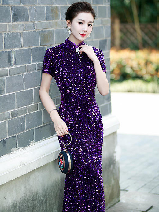 QC125紫色金丝绒亮片旗袍端庄大气走秀长款鱼尾演出服 商品图0