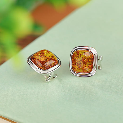 【一片芳心】S925银花珀复古几何方形耳钉【CW-ED03036】 商品图2