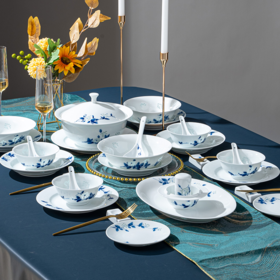 富玉  景德镇手绘餐具 山丹丹青花玲珑瓷 中式简约餐具套装