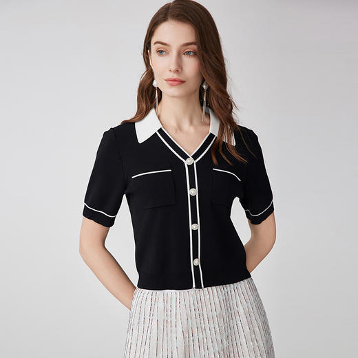 EITIE爱特爱时尚气质通勤撞色短款翻领针织T恤上衣夏季新款B2401302 商品图1