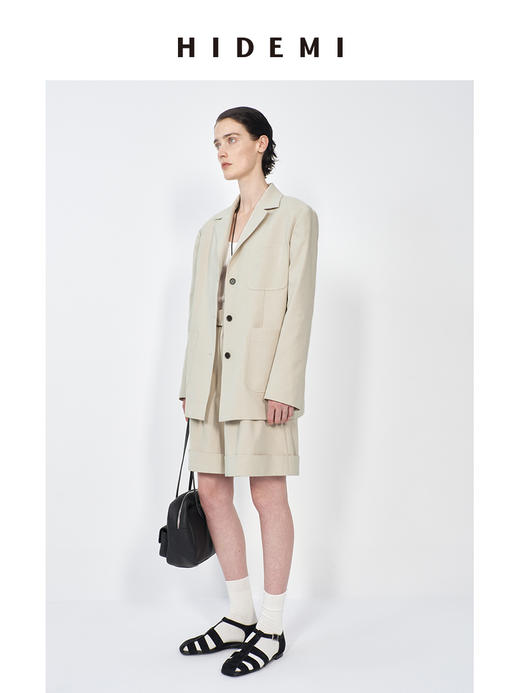 HIDEMI 米色轻盈亚麻设计感翻领贴袋大廓形西装中裤套装 商品图3