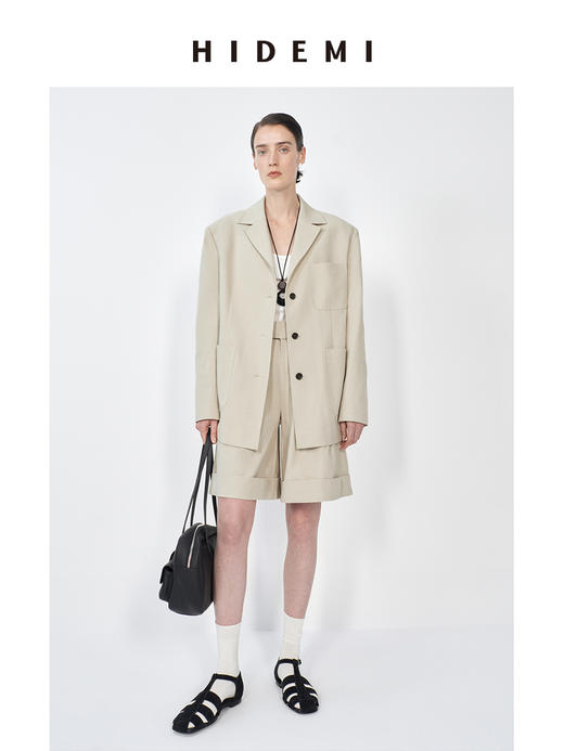 HIDEMI 米色轻盈亚麻设计感翻领贴袋大廓形西装中裤套装 商品图8