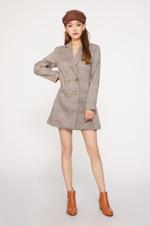 LNNNS 棕色复古格纹西装连衣裙 9806 商品图1