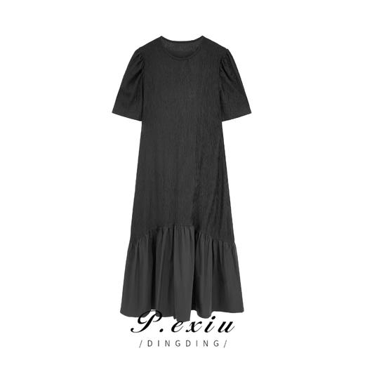 03-3潘依绣丁丁宠粉夏季新款纯色压褶拼接设计感圆领短袖连衣裙 231295 商品图0