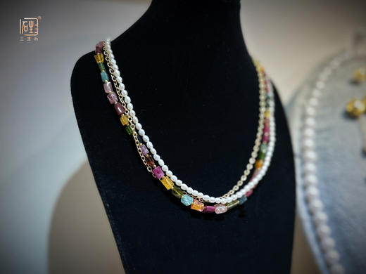 天然彩色碧玺巴洛克米珠金属设计三层项链 商品图7