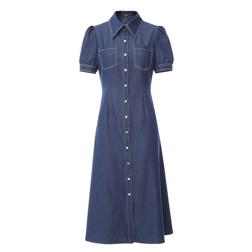 EITIE爱特爱衬衫领复古文艺显瘦修身a字牛仔连衣裙夏季新款B2407302 商品图5