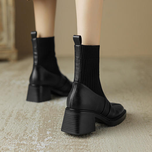 【预售5天】新款复古棕色牛皮袜靴女方头粗跟秋冬单靴针织毛线口切尔西短靴NJMK&K773 商品图5