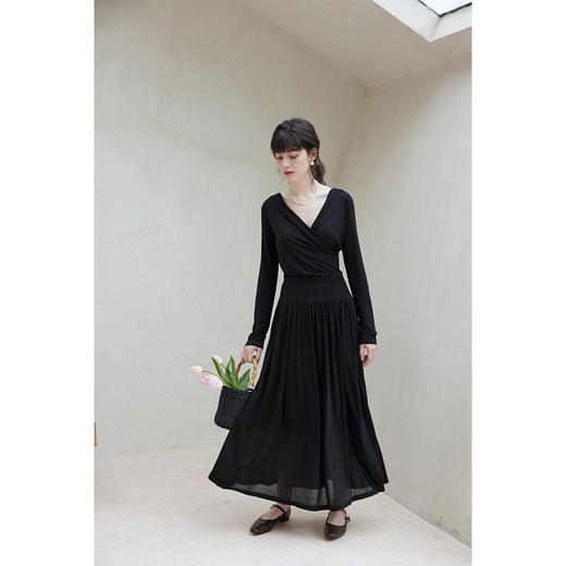 HeyDress法式复古半身裙女春季高腰显瘦百褶裙黑色长款a字伞裙子 商品图1