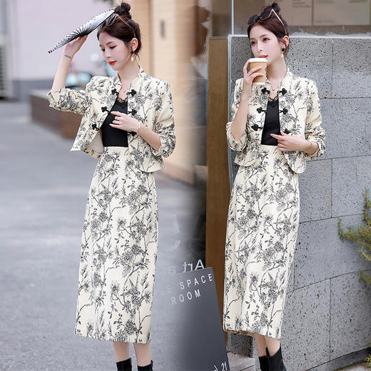 春上新中国风套装简洁时尚潮流，优雅印花两件套裙HR-WZ23509 商品图0