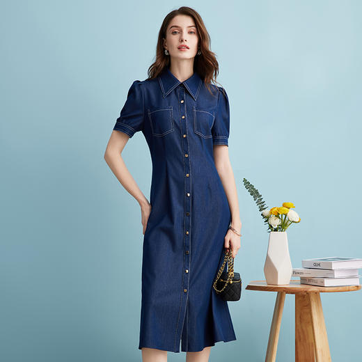 EITIE爱特爱衬衫领复古文艺显瘦修身a字牛仔连衣裙夏季新款B2407302 商品图2