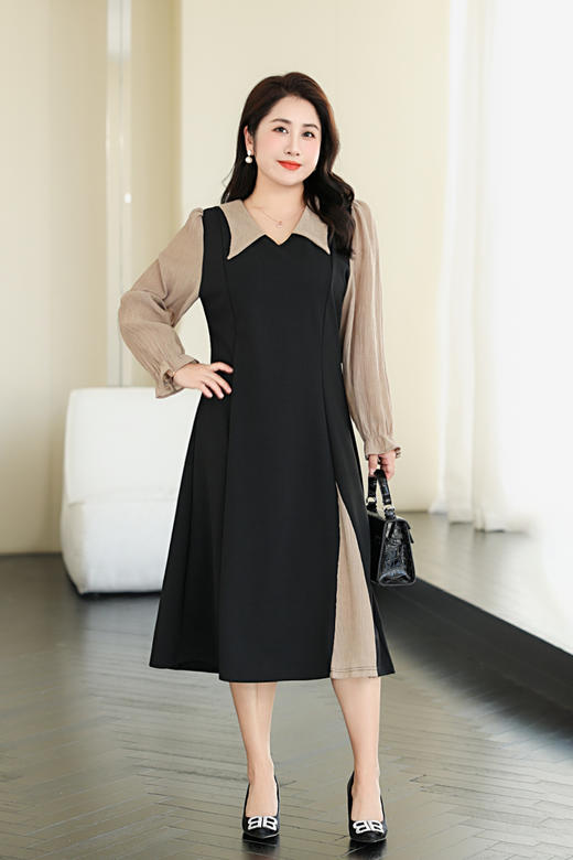大码秋款中长款胖MM时髦通勤气质修身长袖时尚连衣裙 商品图1
