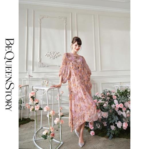 BeQueenStory【古法美人】原创花型100桑蚕丝度假泡泡袖女装连衣裙 商品图4