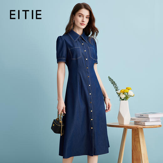 EITIE爱特爱衬衫领复古文艺显瘦修身a字牛仔连衣裙夏季新款B2407302 商品图0