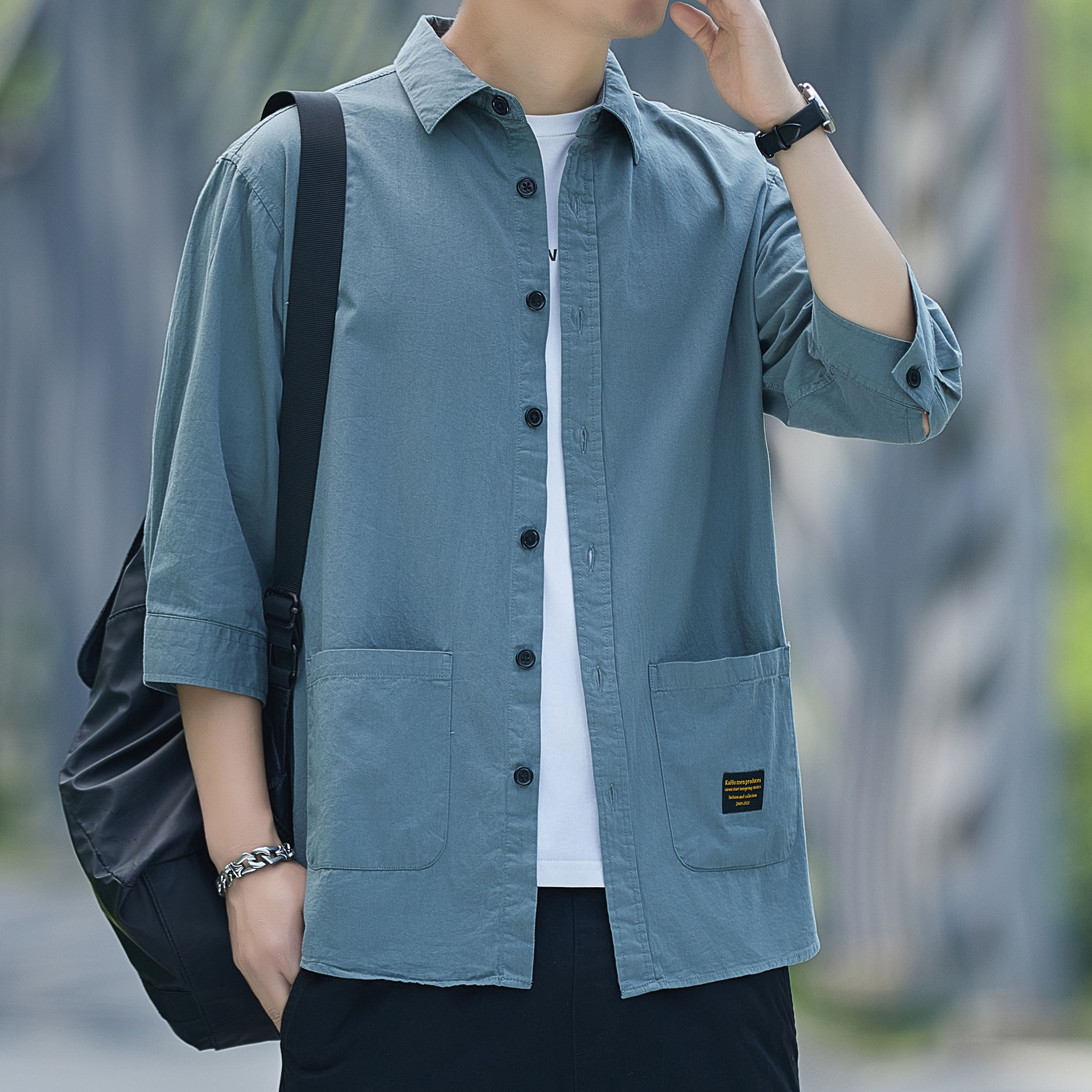 红览 纯棉七分袖衬衫男士港风休闲工装纯色衬衣外套Q622