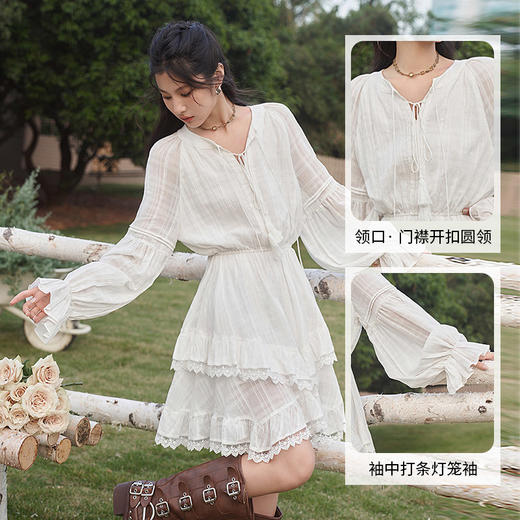 西遇收腰灯笼袖A摆连衣裙女新款显高氛围感蕾丝拼接裙子D0740432 商品图2