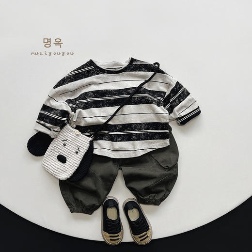 【超有范！复古做旧风~巨百搭】韩版儿童条纹T恤2024春季新款男女童个性上衣 商品图1