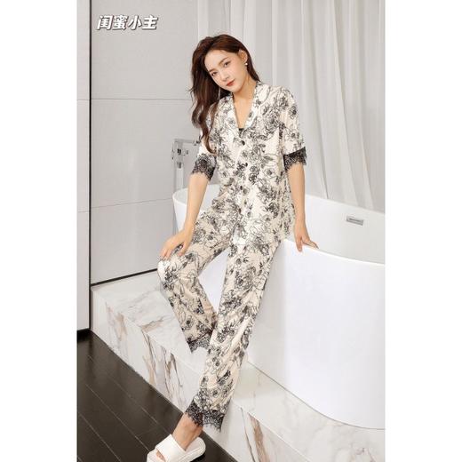 【国潮风升级款冰丝居家服】闺蜜小主蔷薇花蕾丝水墨画四件套舒适宽松家居服 商品图2