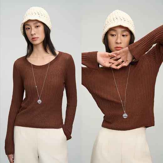 UMILAB【焦糖】优质长绒棉纱线竖坑条显瘦百搭圆领针织衫BM775H 商品图2