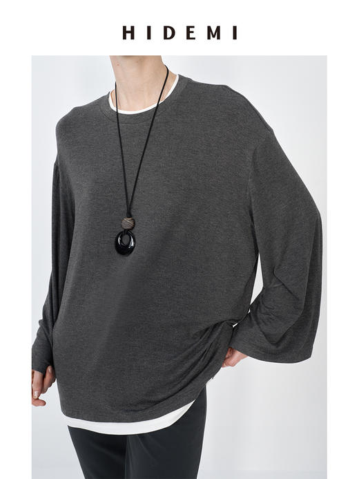 HIDEMI 经典简约拼色宽松假两件长袖T恤上衣 商品图1